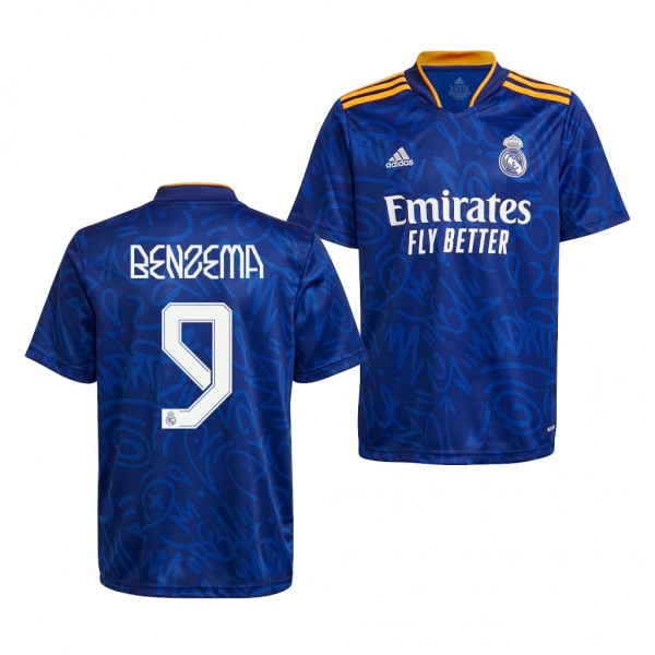Youth Karim Benzema Jersey Real Madrid 2021-22 Blue Away Replica