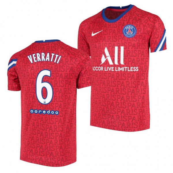 Youth Marco Verratti Jersey Paris Saint-Germain Red Pre-Match Breathe