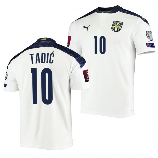 Men's Dusan Tadic Serbia Away Jersey White 2022 Qatar World Cup Stadium