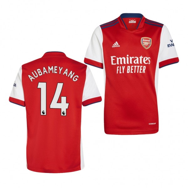 Youth Pierre-Emerick Aubameyang Jersey Arsenal 2021-22 Red White Home Replica