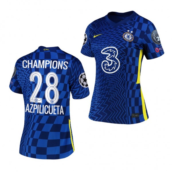 Women's Cesar Azpilicueta Jersey Chelsea UCL 2021 Champions Blue Home