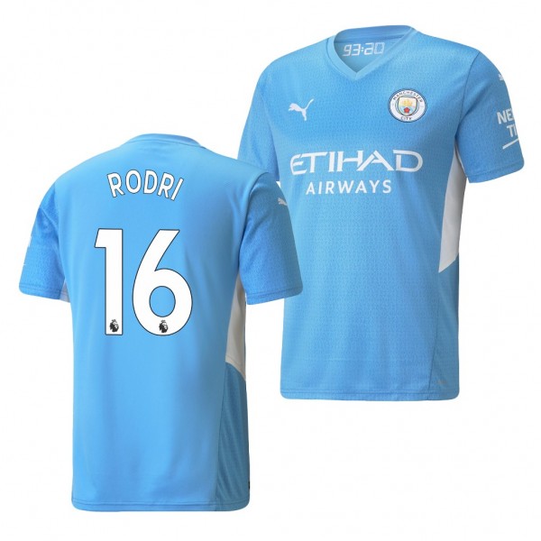 Men's Rodri Manchester City 2021-22 Home Jersey Light Blue Replica
