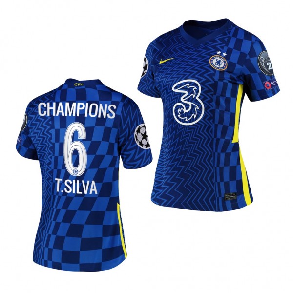 Women's Thiago Silva Jersey Chelsea UCL 2021 Champions Blue Home