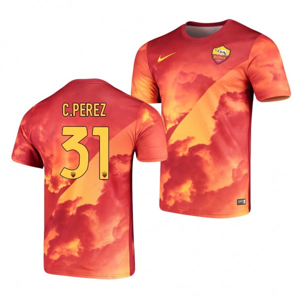 Men's Carles Perez AS Roma Pre-Match Jersey Red Gold